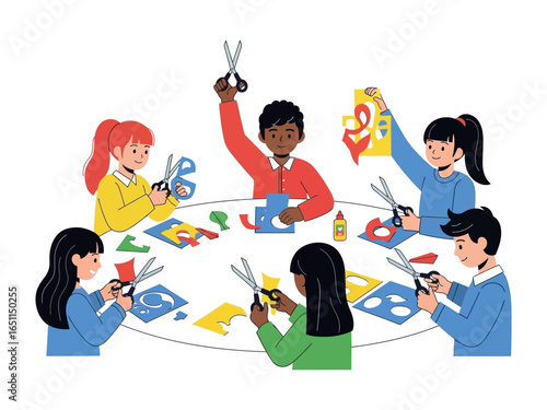 Creative Minds at Work: A diverse group of children gather around a table, engrossed in the creative process of crafting, snipping and gluing. It captures the essence of teamwork, creativity.