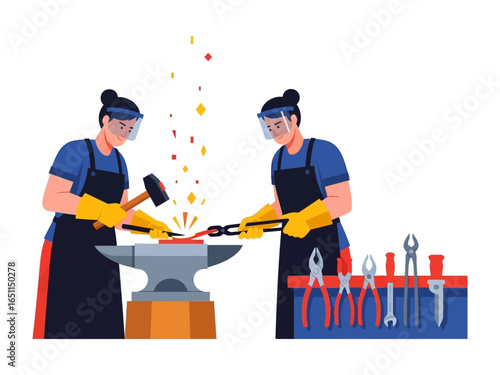 Artisan Duo in the Forge: Two skilled artisans, each clad in aprons and safety glasses, collaborate in a forge, hammering and shaping hot metal on an anvil.