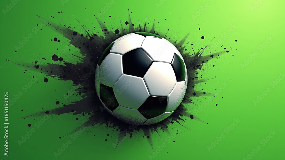 Fototapeta premium Soccer ball with black paint splatter on green background. 