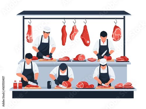 Crafting Cuts: A team of skilled butchers meticulously prepares a fresh array of raw meat products, showcasing culinary artistry in a clean, bright setting.