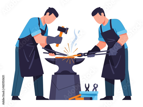Artisan Forge: A dynamic illustration captures two skilled artisans expertly working in a forge, hammering and shaping hot metal with precision and skill.