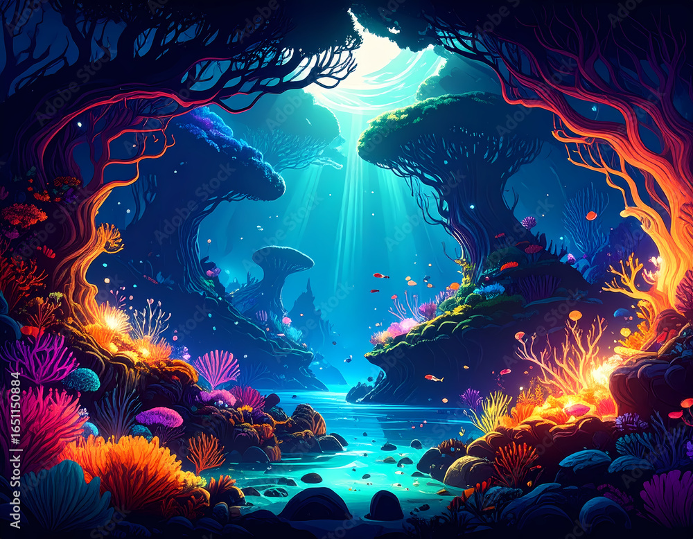 Fototapeta premium Magical underwater fantasy landscape in glowing grotto cave. Colorful, vibrant coral reef and surreal water create wondrous, serene mood