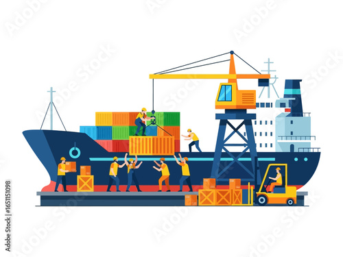Global Trade in Motion: A dynamic vector illustration captures the bustling activity of global trade, showcasing workers loading cargo containers onto a massive cargo ship.