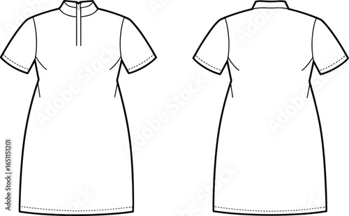 Short sleeve women's tunic dress with stand collar and front zip, flat sketch vector for fashion design, apparel mockup, and clothing template