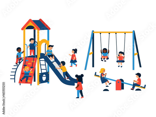 Playground Paradise: A vibrant illustration capturing the essence of childhood joy on a sunny day, showcasing diverse children happily engaging in various playground activities.