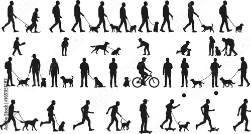 Silhouettes of people walking dogs, running, cycling, playing with pets, outdoor activities, active lifestyle, healthy living, pet owners, family recreation, exercise,