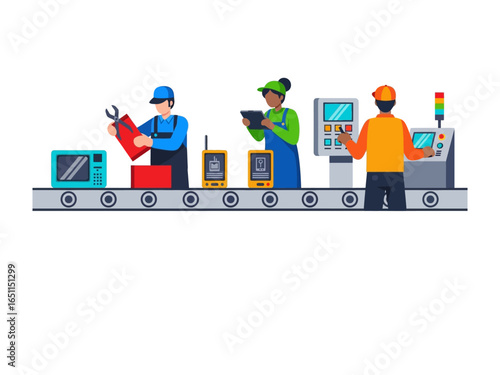 Assembly Line Dynamics: Three workers collaborate on an automated production line, a display of technological advancement and industrial precision. Each individual meticulously oversees their station.