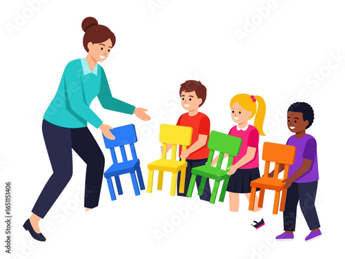 Animated Playtime: A dynamic scene unfolds as a teacher leads a cheerful group of children in a lively game of musical chairs. Witness the spirited movement, the vibrant colors.