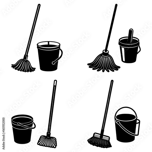 Illustrative arrangement of cleaning supplies featuring mops and buckets in a monochrome palette
