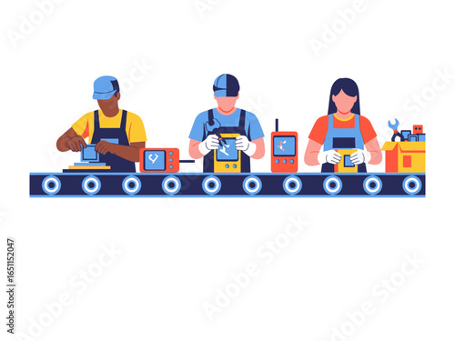 Assembly Line Harmony: A vibrant depiction of a modern assembly line, showcasing diligent workers meticulously crafting technology products.