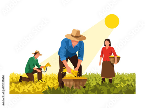 Harvesting: Illustration depicts farmers diligently engaged in harvesting golden crops under the bright sun, symbolizing growth and abundance in a field of golden grains.