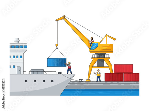 Seaport Loading: A meticulously crafted illustration showcases the vibrant hustle of a bustling seaport, depicting a container being lifted from a ship by a crane.