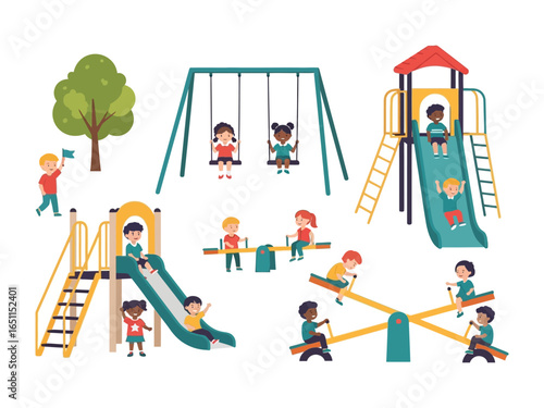 Joyful Playground: Children playing joyfully on diverse playground equipment, a vivid illustration capturing a sense of play and unity in an inviting outdoor setting.