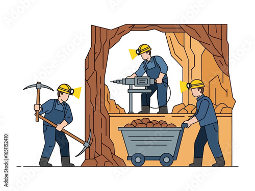 Mine Workers at Work: An illustration showcases three dedicated mine workers in action. One wields a pickaxe, another operates machinery, and a third transports coal in a cart.