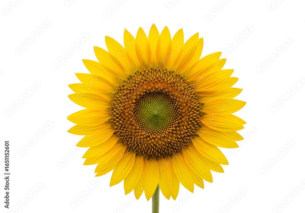 Fototapeta premium Bright yellow sunflower with detailed seed center isolated on black background