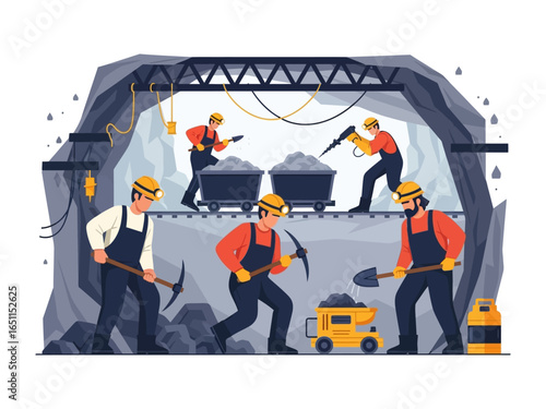 Beneath the Earth's Embrace: A dynamic illustration unveils a team of diligent workers toiling deep within a mine, their efforts illuminated in a striking and engaging style.