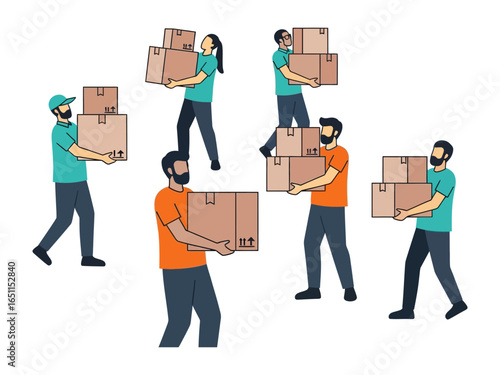 Moving Day: A group of people is moving packages, symbolizing a new chapter in a person’s life or relocation to a different place.