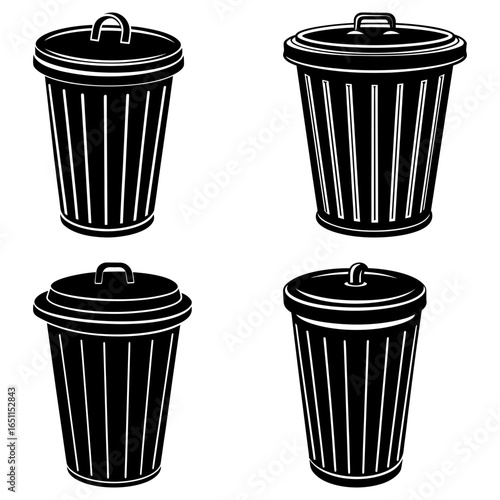Illustration of four black and white trash cans with lids and handles in a symmetrical arrangement