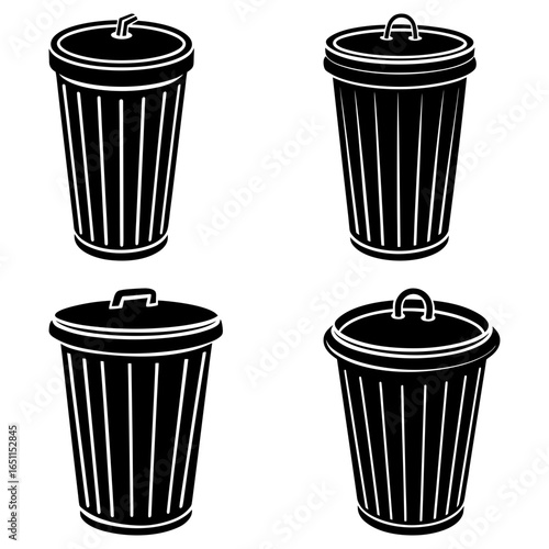 Four black and white trash cans with lids in different styles on a white background simple vector drawing