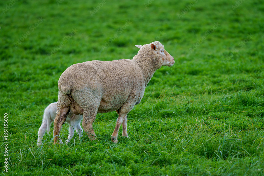 Obraz premium A ewe stands protectively beside her lamb in a vibrant green field near Caledon, Western Cape, South Africa. The tranquil rural scene captures maternal care and natural beauty in the countryside.