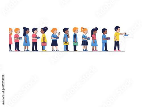 Line of anticipation: a diverse group of children stands in a straight line, patiently waiting for a treat. Captured in vibrant illustration, this image encapsulates themes of community, patience.