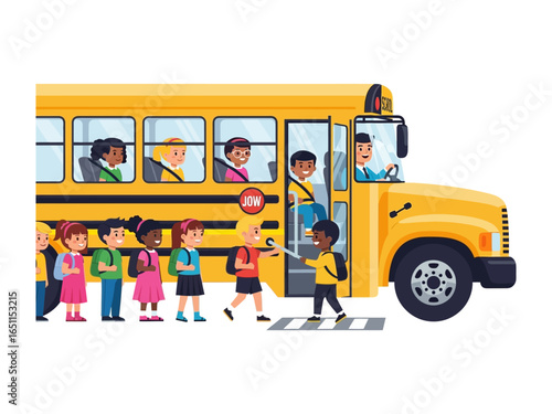 School Bus Boarding: A vibrant and animated illustration depicting a school bus with excited students boarding, symbolizing the start of a new day of learning and adventure.