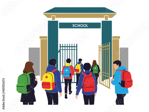School Entrance and Students: A digital illustration presents a vibrant scene of students entering the school, capturing the anticipation and excitement of education and new beginnings.