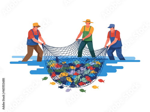 Harvest of the Sea: A vibrant scene of three figures meticulously hauling in a net brimming with fish, representing the bounty of the ocean and the effort required for a good catch. 