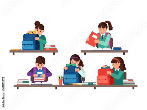 Back to School: Preparing for the Academic Year: A collection of young students busily gather their school supplies, each meticulously organizing their backpacks and books.