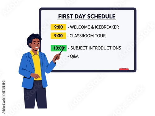 Classroom Schedule: A teacher points to a daily class schedule that includes welcome & icebreaker, a classroom tour, and subject introductions.