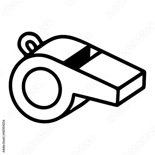 Black and white line icon of whistle used for sports, coaching, or refereeing