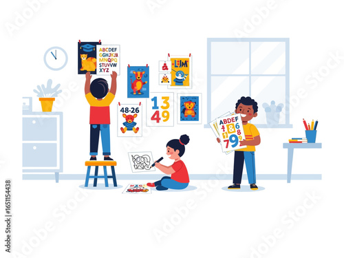 Playful Learning Corner: Illustrative kids enjoying interactive studies, with a creative blend of bright learning posters and a playful study. A scene of collaborative education, learning.
