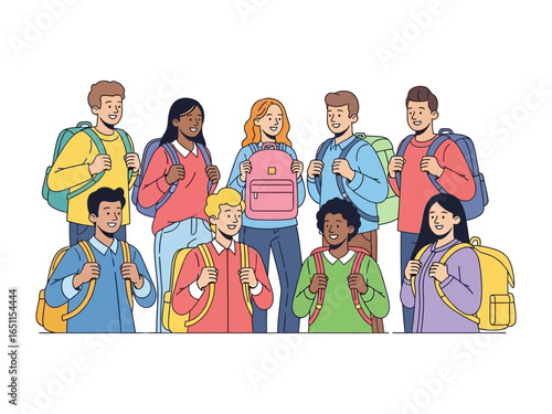 School Trip Illustration: A group of cheerful students, each carrying a colorful backpack, stand together, symbolizing friendship, knowledge, and the adventure of learning.