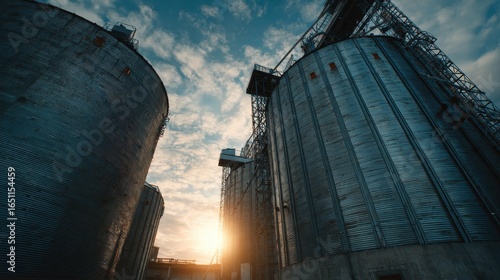 Agricultural Silos at Sunset. Farming & industry storage, food processing, crop yield