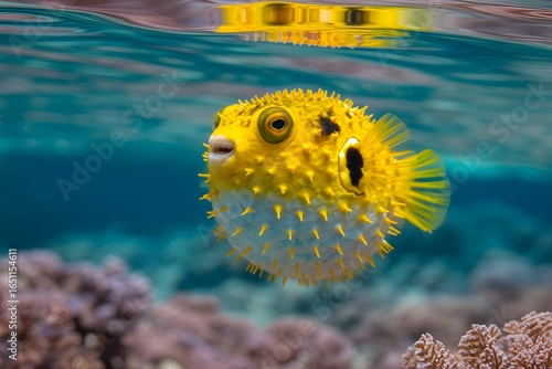 Bright yellow pufferfish with spiky skin swims in clear blue ocean water