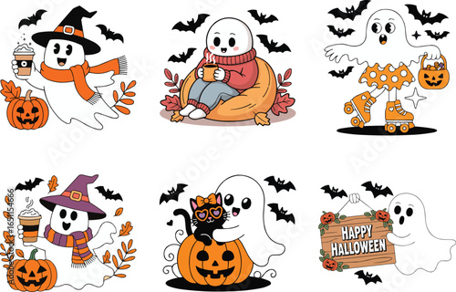 Cute Ghost Halloween Set with Pumpkins Coffee Cat Roller Skating and Signs Illustration