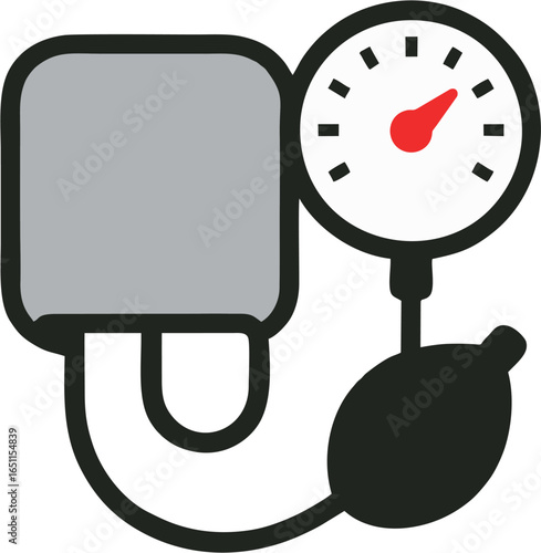 Vector illustration of manual blood pressure monitor with cuff and gauge, used in healthcare, hospital, and clinic for medical diagnosis and heart health check.