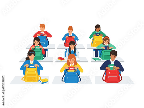 Classroom Preparedness: A group of diverse students diligently open and organizing their vibrant backpacks in a sunny classroom, symbolizing the anticipation of knowledge and the joy of learning.