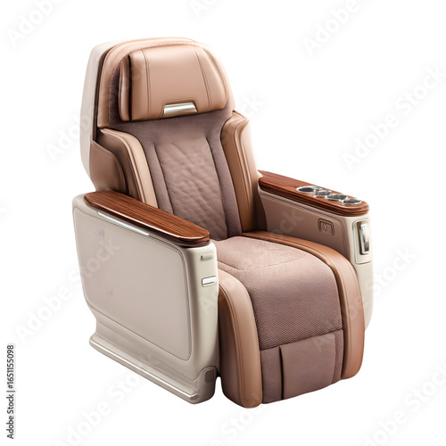 Luxurious first class airplane seat with reclining function and armrests isolated on transparent background