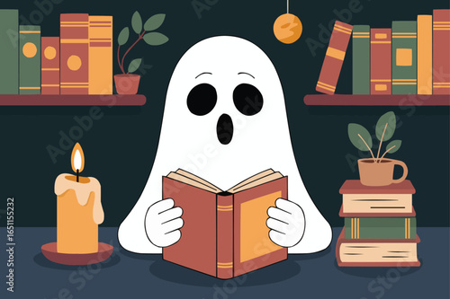 Cute Halloween Ghost Reading Book in Spooky Library with Candle and Books Illustration