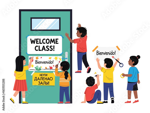 Welcome Class: A bright, inviting illustration of children joyfully decorating their classroom door with a Welcome message, symbolizing friendship, warmth, and an inclusive learning environment.