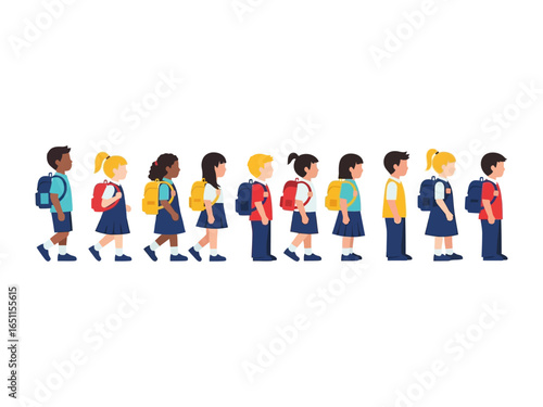 School Children in a Line: A group of school children walk in a line with anticipation, their colorful backpacks filled with the promise of new adventures.