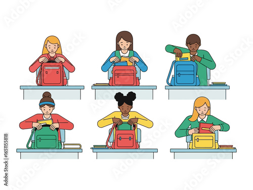 School Backpacks: A vivid collection of students preparing their backpacks for the day, reflecting anticipation and organization of items for the academic journey.