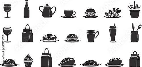 Silhouette set of Food & Beverage Industry icons of wine glasses, coffee cups, fast food, bakery items, and delivery packaging
