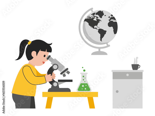 Young Explorer: A curious girl peers into a microscope in a simplified illustration of exploration and discovery. Alongside a globe, flask, and desk. This engaging image evokes the wonder of science.
