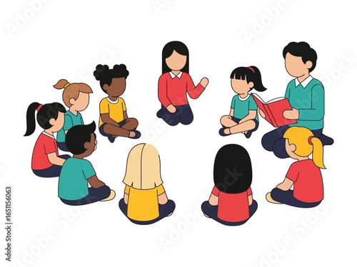 Education through stories: A teacher captivates the attention of a circle of attentive children in a vibrant illustration.