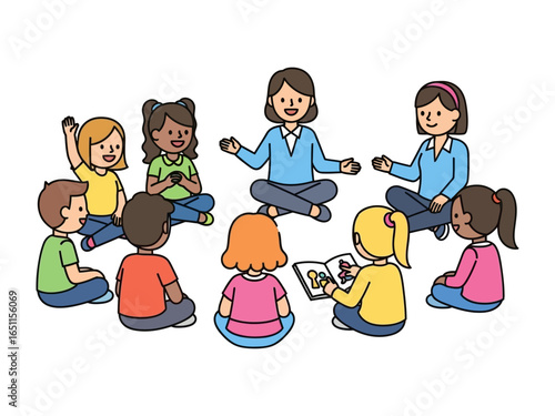 Children Learning Circle: A vibrant illustration of a group of children gathered around a teacher, engrossed in a storybook, fostering a warm learning environment.