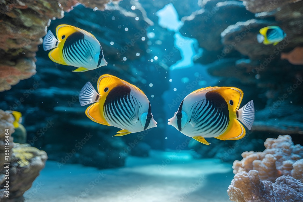 Fototapeta premium Colorful butterflyfish swimming in a vibrant coral reef aquarium