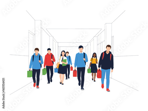 Students Walking in Corridor: A diverse group of students stride confidently through the bright hallway, embodying the vibrant spirit of education and collaboration. The scene shows a dynamic group.