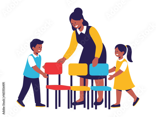 Classroom Collaboration: A heartwarming illustration depicts a teacher and children working together to arrange chairs.